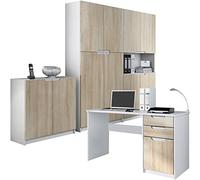 Vladon Ensemble de Meubles de Bureau Armoire Commode Rangement Logan, Corps en Blanc Mat/Façades en chêne Brut