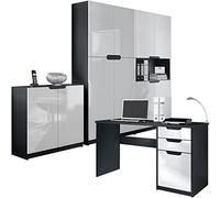 Vladon Ensemble de Meubles de Bureau Armoire Commode Rangement Logan, Corps en Noir Mat/Façades en Blanc Haute Brillance