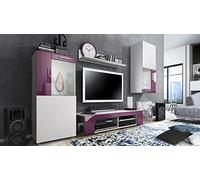 Vladon Ensemble de Salon Movie Comprenant 1 Meuble Bas TV, 2 vitrines et 1 étagère, Blanc Mat/Mûre Haute Brillance, (Dimensions totales : 300 x 190 x 39 cm)