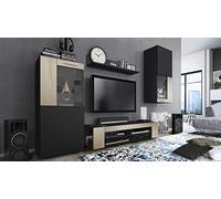 Vladon Ensemble de Salon Movie Comprenant 1 Meuble Bas TV, 2 vitrines et 1 étagère, Noir Mat/Chêne Brut, (Dimensions totales : 300 x 190 x 39 cm)