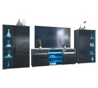 Vladon Ensemble Mural Davos pour Salon, Comprenant 2 vitrines et 1 Meuble TV, Anthracite Mat/Noir Haute Brillance éclairage LED Inclus (329 x 134 x 35 cm)