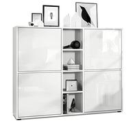 Vladon Highboard Cuba V3, Blanc Mat/Blanc Haute Brillance - Buffet Moderne à 12 Compartiments (130,5 x 105,5 x 35,5 cm)