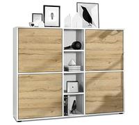 Vladon Highboard Cuba V3, Blanc Mat/chêne Nature - Buffet Moderne à 12 Compartiments (130,5 x 105,5 x 35,5 cm)