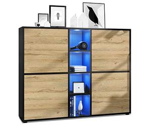 Vladon Highboard Cuba V3, Noir Mat/chêne Nature y Compris LED - Buffet Moderne à 12 Compartiments (130,5 x 105,5 x 35,5 cm)