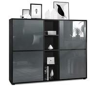 Vladon Highboard Cuba V3, Noir Mat/Gris Haute Brillance - Buffet Moderne à 12 Compartiments (130,5 x 105,5 x 35,5 cm)