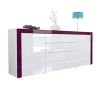 Vladon La Paz Commode buffet fabriqué en Allemagne, corps en blanc brillant/façade en blanc brillant avec cadre en mûre brillant