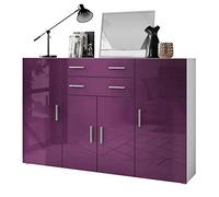 Vladon Le Buffet Haut Aron bahut avec 2 tiroirs et 4 Portes avec Un Total de 8 Compartiments derrière, Blanc Mat/mûre Haute Brillance (166,5 x 106,5 x 35 cm)