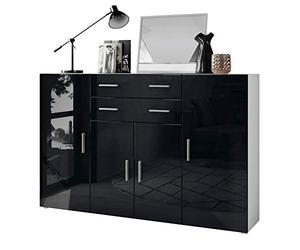 Vladon Le Buffet Haut Aron bahut avec 2 tiroirs et 4 Portes avec Un Total de 8 Compartiments derrière, Blanc Mat/Noir Haute Brillance (166,5 x 106,5 x 35 cm)