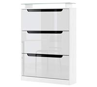 Vladon Meuble à Chaussures Space, basculant pour 24 Paires de Chaussures avec 3 clapets et étagère en Verre, Blanc Mat/Blanc Haute Brillance (89 x 128 x 23 cm)