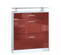 Vladon Meuble Chaussure Loret, Étagère à Chaussures pour 16 Paires de Chaussures avec 2 clapets à Bascule, 1 tiroir et 1 Tablette en Verre, Blanc Mat/Bordeaux Haute Brillance (89 x 104 x 23 cm)