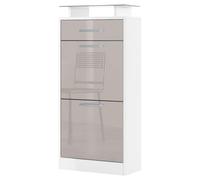 Vladon Meuble Chaussure Loret V2, Étagère à Chaussures pour 8 Paires de Chaussures avec 2 clapets, 1 tiroir et Une Tablette en Verre, Blanc Mat/Gris Sable Haute Brillance (46 x 104 x 23 cm)