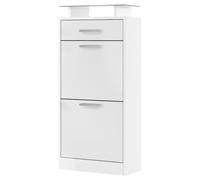 Vladon Meuble Chaussure Loret V2, Étagère à Chaussures pour 8 Paires de Chaussures avec 2 clapets, 1 tiroir et Une Tablette en Verre, Blanc Mat/Blanc Mat (46 x 104 x 23 cm)