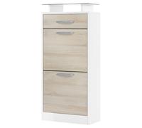 Vladon Meuble Chaussure Loret V2, Étagère à Chaussures pour 8 Paires de Chaussures avec 2 clapets, 1 tiroir et Une Tablette en Verre, Blanc Mat/Chêne Brut (46 x 104 x 23 cm)