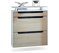 Vladon Meuble Chaussures Annie pour 16 Paires de Chaussures avec 2 clapets et 1 Tablette en Verre, Blanc Mat/Chêne Brut (89 x 96 x 23 cm)