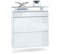 Vladon Meuble Chaussures Annie pour 16 Paires de Chaussures avec 2 clapets et 1 Tablette en Verre, Blanc Mat/Blanc Haute Brillance, poignées encastrées en Blanc Haute Brillance (89 x 96 x 23 cm)