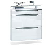 Vladon Meuble Chaussures Annie pour 16 Paires de Chaussures avec 2 clapets et 1 Tablette en Verre, Blanc Mat/Blanc Haute Brillance, poignées encastrées en Gris Haute Brillance (89 x 96 x 23 cm)