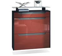 Vladon Meuble Chaussures Annie pour 16 Paires de Chaussures avec 2 clapets et 1 Tablette en Verre, Noir Mat/Bordeaux Haute Brillance, poignées encastrées en Gris Haute Brillance (89 x 96 x 23 cm)