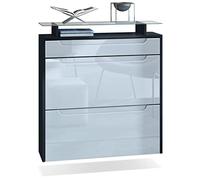 Vladon Meuble Chaussures Annie pour 16 Paires de Chaussures avec 2 clapets et 1 Tablette en Verre, Noir Mat/Blanc Haute Brillance, poignées encastrées en Blanc Haute Brillance (89 x 96 x 23 cm)