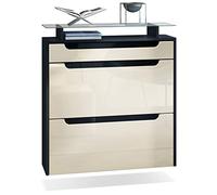 Vladon Meuble Chaussures Annie pour 16 Paires de Chaussures avec 2 clapets et 1 Tablette en Verre, Noir Mat/Crème Haute Brillance (89 x 96 x 23 cm)