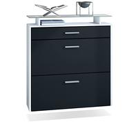 Vladon Meuble Chaussures Malea, Armoire à Chaussures Murale pour 16 Paires avec 2 clapets, 1 tiroir et 1 Tablette en Verre, Blanc Mat/Noir Mat (89 x 96 x 23 cm)