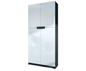 Vladon Meuble Rangement Bureau Logan V1, Armoire de Bureau Haute avec 5 Compartiments et 4 Portes, Noir Mat/Blanc Haute Brillance (82 x 185 x 37 cm)