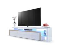 Vladon Meuble TV Bas Leon V3, Corps en Blanc Haute Brillance/Façades en Blanc Haute Brillance avec Une bodure en chêne Brut avec l'éclairage LED (227 x 52 x 35 cm)