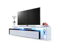 Vladon Meuble TV Bas Leon V3, Corps en Blanc Haute Brillance/Façades en Blanc Haute Brillance avec Une bodure en Noir Haute Brillance avec l'éclairage LED (227 x 52 x 35 cm)