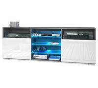 Vladon Meuble TV Granada, Lowboard avec 2 Portes et 6 Compartiments Ouverts, Corps Anthracite Mat, façades en Blanc Haute Brillance avec éclairage LED RVB (146 x 54 x 35 cm)