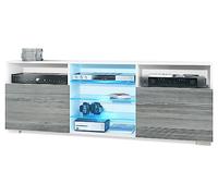 Vladon Meuble TV Granada, Lowboard avec 2 Portes et 6 Compartiments Ouverts, Corps Blanc Mat, façades en avola-Anthracite avec éclairage LED RVB (146 x 54 x 35 cm)