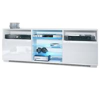 Vladon Meuble TV Granada, Lowboard avec 2 Portes et 6 Compartiments Ouverts, Corps Blanc Mat, façades en Blanc Haute Brillance avec éclairage LED RVB (146 x 54 x 35 cm)