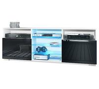 Vladon Meuble TV Granada, Lowboard avec 2 Portes et 6 Compartiments Ouverts, Corps Blanc Mat, façades en Noir Haute Brillance avec éclairage LED RVB (146 x 54 x 35 cm)