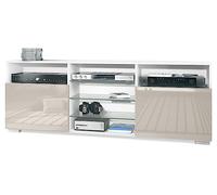 Vladon Meuble TV Granada, Lowboard avec 2 Portes et 6 Compartiments Ouverts, Corps Blanc Mat, façades en Gris Sable Haute Brillance (146 x 54 x 35 cm)