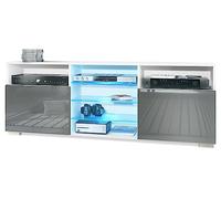 Vladon Meuble TV Granada, Lowboard avec 2 Portes et 6 Compartiments Ouverts, Corps Blanc Mat, façades en Gris Haute Brillance avec éclairage LED RVB (146 x 54 x 35 cm)