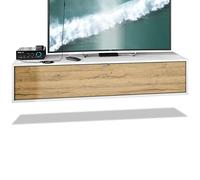 Vladon Meuble TV Lana 140 Armoire Murale lowboard 140 x 29 x 37 cm, Caisson en Blanc Mat, façades en Chêne Nature | Grand Choix de Couleurs