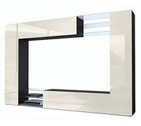 Vladon Meuble TV Mural Mirage, Ensemble étagère TV avec Panneau arrière et 2 Portes, 2 clapets et 6 étagères en Verre, Noir Mat/Crème Haute Brillance (262 x 183 x 39 cm)