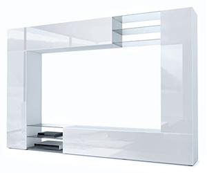 Vladon Meuble TV Mural Mirage, Ensemble étagère TV avec Panneau arrière et 2 Portes, 2 clapets et 6 étagères en Verre, Blanc Mat/Blanc Haute Brillance (262 x 183 x 39 cm)