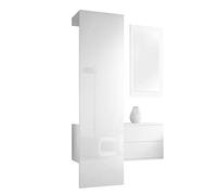 Vladon Penderie Carlton Set 2, Meuble d’entrée Comprenant 1 Panneau Porte-Manteau, 1 Coffre à tiroir et 1 Miroir Mural, Blanc Mat/Blanc Haute Brillance (105 x 193 x 35 cm)