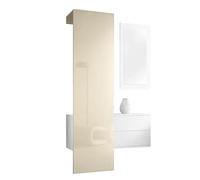 Vladon Penderie Carlton Set 2, Meuble d’entrée Comprenant 1 Panneau Porte-Manteau, 1 Coffre à tiroir et 1 Miroir Mural, Blanc Mat/crème Haute Brillance (105 x 193 x 35 cm)