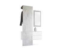Vladon Penderie Carlton Set 2, Meuble d’entrée Comprenant 1 Panneau Porte-Manteau, 1 Coffre à tiroir et 1 Miroir Mural, Blanc Mat/Aspect Béton Oxyde (105 x 193 x 35 cm)