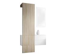 Vladon Penderie Carlton Set 2, Meuble d’entrée Comprenant 1 Panneau Porte-Manteau, 1 Coffre à tiroir et 1 Miroir Mural, Blanc Mat/chêne Brut (105 x 193 x 35 cm)