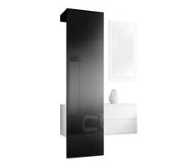 Vladon Penderie Carlton Set 2, Meuble d’entrée Comprenant 1 Panneau Porte-Manteau, 1 Coffre à tiroir et 1 Miroir Mural, Blanc Mat/Noir Haute Brillance (105 x 193 x 35 cm)