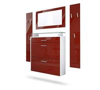 Vladon Penderie Malea, Meuble d’entrée Comprenant 1 Commode à Chaussures Murale, 1 Miroir Mural et 2 Panneaux Porte-Manteaux, Blanc Mat/Bordeaux Haute Brillance