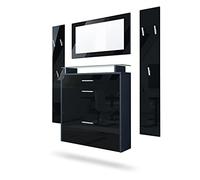 Vladon Penderie Malea, Meuble d’entrée Comprenant 1 Commode à Chaussures Murale, 1 Miroir Mural et 2 Panneaux Porte-Manteaux, Anthracite Mat/Noir Haute Brillance