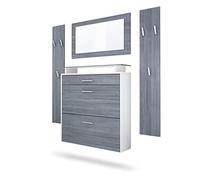 Vladon Penderie Malea, Meuble d’entrée Comprenant 1 Commode à Chaussures Murale, 1 Miroir Mural et 2 Panneaux Porte-Manteaux, Blanc Mat/Avola-Anthracite