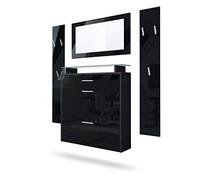 Vladon Penderie Malea, Meuble d’entrée Comprenant 1 Commode à Chaussures Murale, 1 Miroir Mural et 2 Panneaux Porte-Manteaux, Noir Mat/Noir Haute Brillance