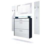 Vladon Penderie Malea, Meuble d’entrée Comprenant 1 Commode à Chaussures Murale, 1 Miroir Mural et 2 Panneaux Porte-Manteaux, Anthracite Mat/Blanc Haute Brillance, éclairage LED Bleu Inclus