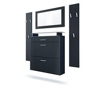Vladon Penderie Malea, Meuble d’entrée Comprenant 1 Commode à Chaussures Murale, 1 Miroir Mural et 2 Panneaux Porte-Manteaux, Anthracite Mat/Noir Mat