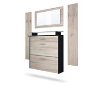 Vladon Penderie Malea, Meuble d’entrée Comprenant 1 Commode à Chaussures Murale, 1 Miroir Mural et 2 Panneaux Porte-Manteaux, Noir Mat/Chêne Brut