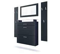 Vladon Penderie Malea, Meuble d’entrée Comprenant 1 Commode à Chaussures Murale, 1 Miroir Mural et 2 Panneaux Porte-Manteaux, Anthracite Mat/Noir Mat, éclairage LED Blanc Inclus