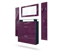 Vladon Penderie Malea, Meuble d’entrée Comprenant 1 Commode à Chaussures Murale, 1 Miroir Mural et 2 Panneaux Porte-Manteaux, Anthracite Mat/Mûre Haute Brillance